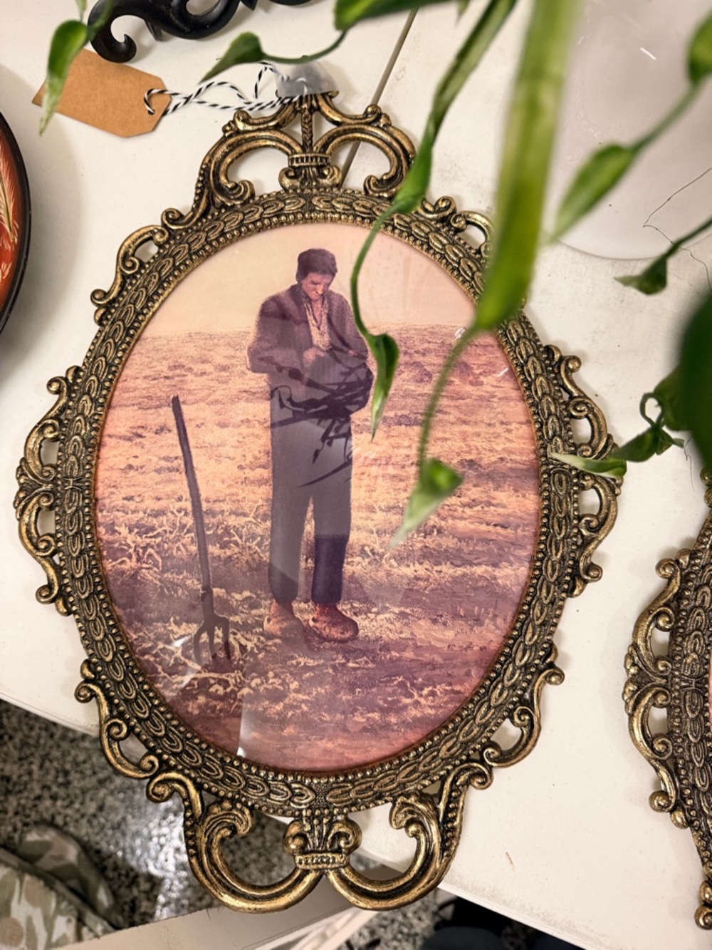 Vintage Antique Italy Bubble Glass Metal Picture Frame Farmer Pray Print 12”x17"